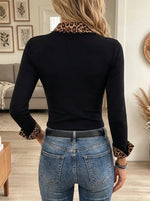 Women's Leopard Print Collar and Tie Knit Top