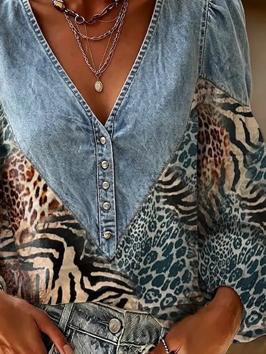 Retro Leopard Pattern Art Print Casual Stylish Denim Patchwork Long Sleeve Shirt