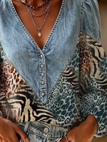 Retro Leopard Pattern Art Print Casual Stylish Denim Patchwork Long Sleeve Shirt