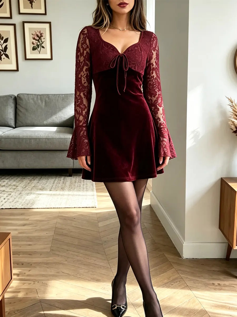 Vintage Lace Patchwork Art Casual Stylish Long Sleeve Mini Velvet Dress