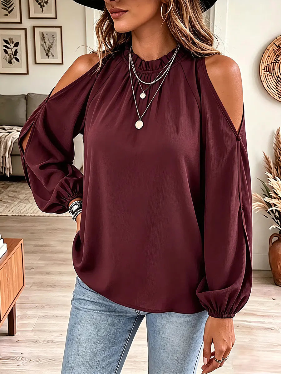 Vintage Elegant Off-shoulder Button Ruffles Shirt