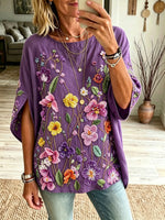 Women Colorful Floral Art Print Round Neck Split Tunic Top