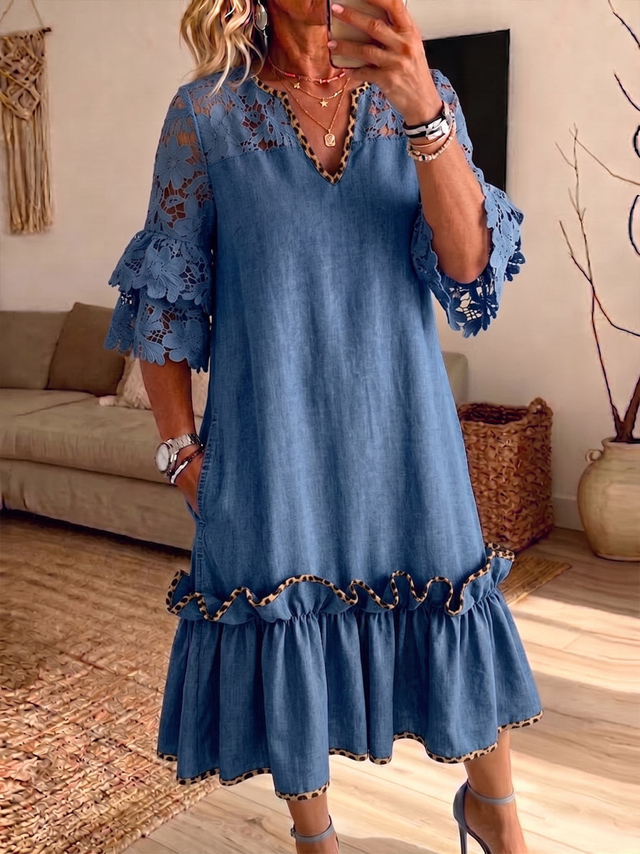 Vintage Elegant Denim Patchwork Hollowed Out Lace Dress