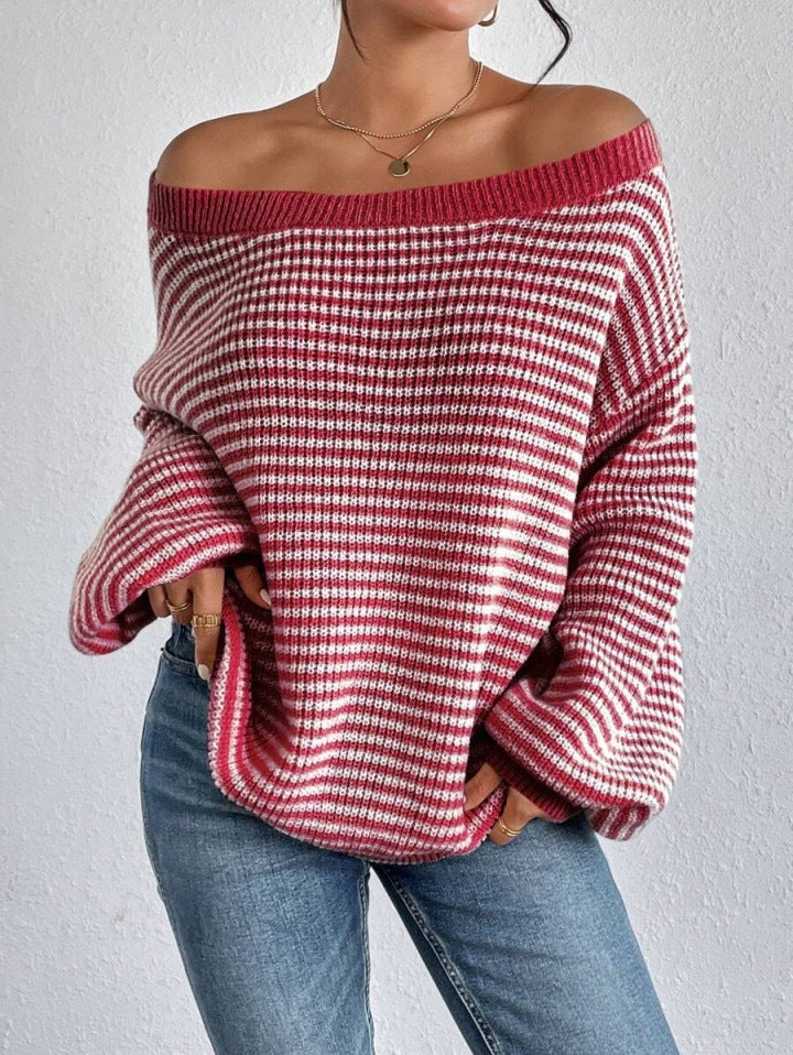 Women Striped Off‑Shoulder Drop Shoulder Loose Knit Sweater