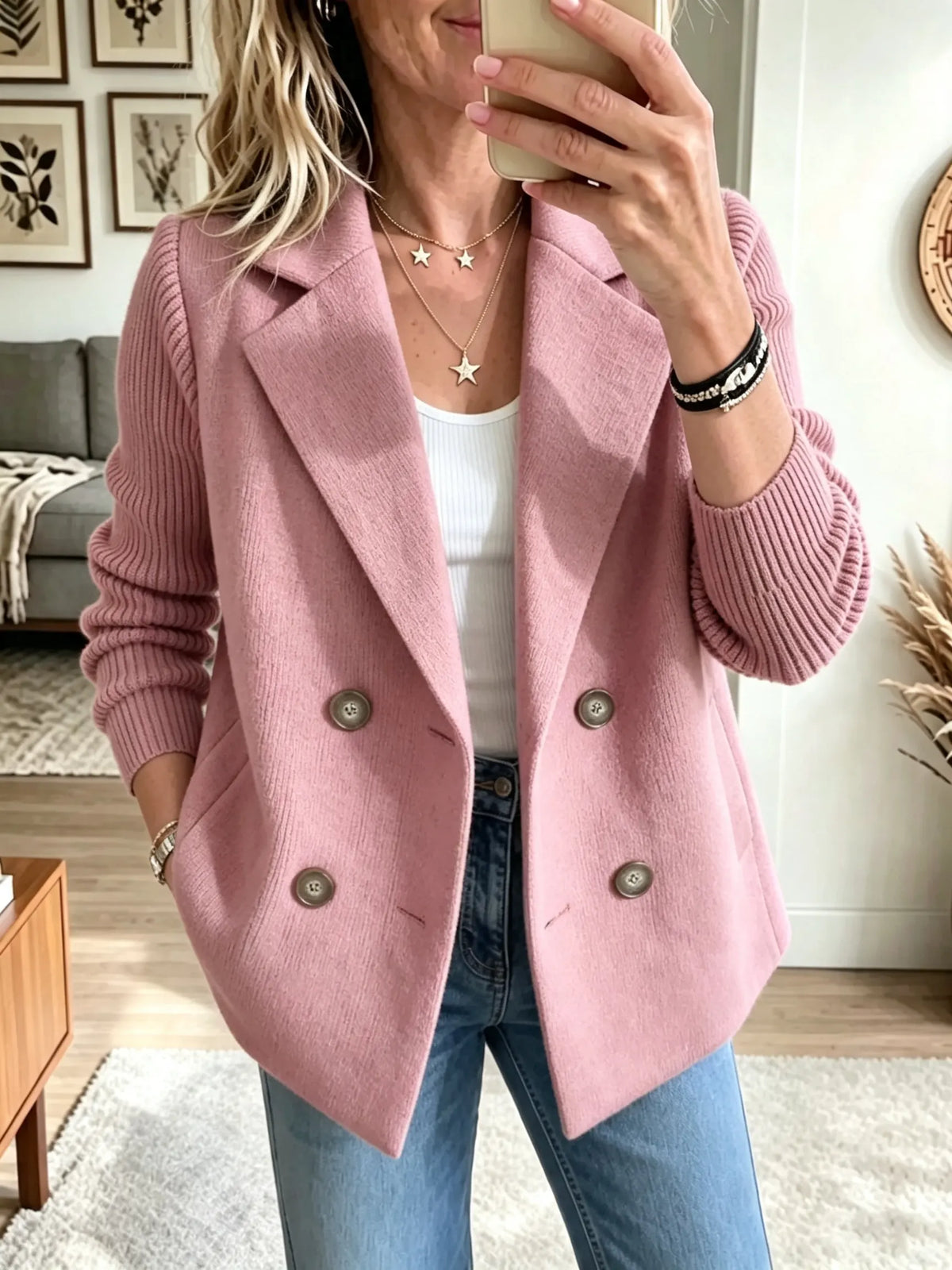 Women's Knit Sleeve Double-Breasted Coat