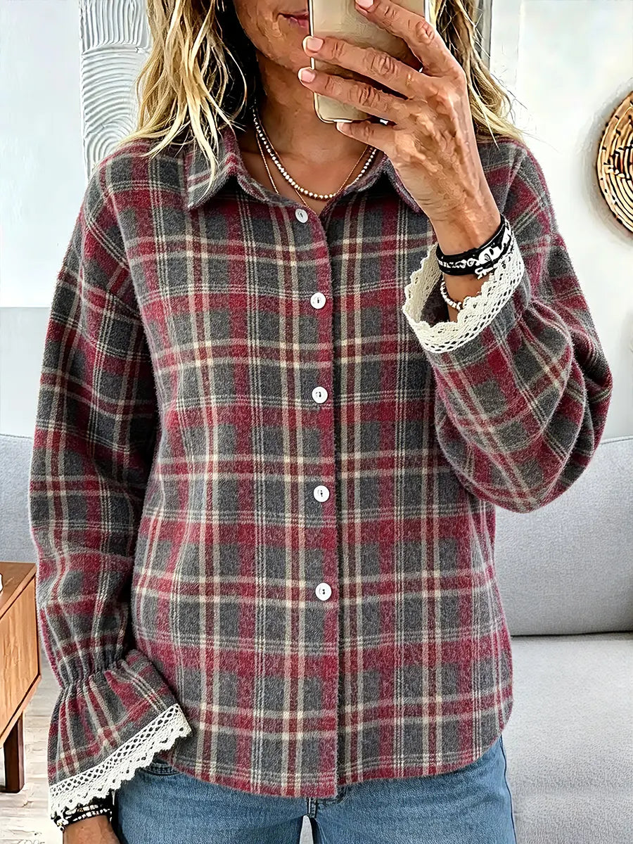 Vintage Elegant Plaid Patchwork Lace Cotton Shirt