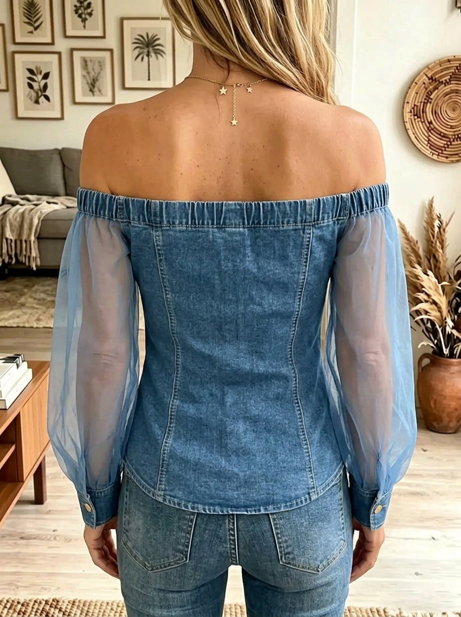 Women's Off-the-Shoulder Sheer Sleeve Denim Top