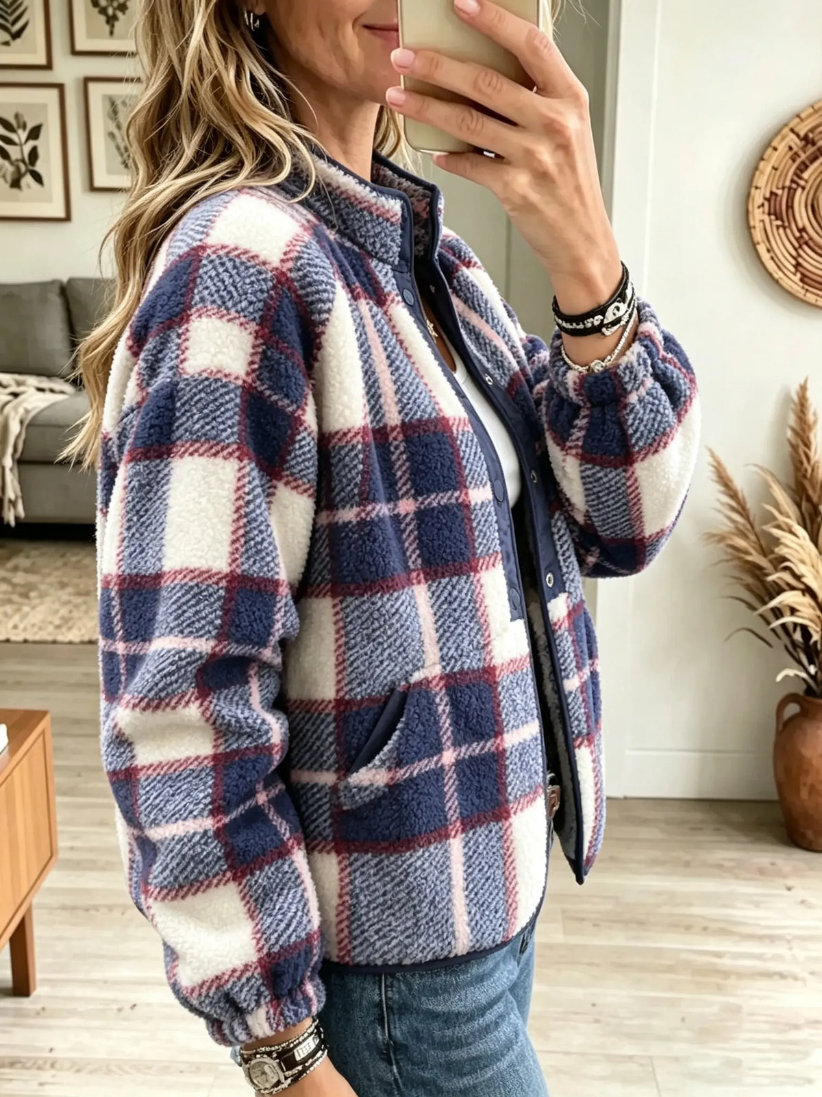 Women's Plaid Button-Front Fleece Jacket