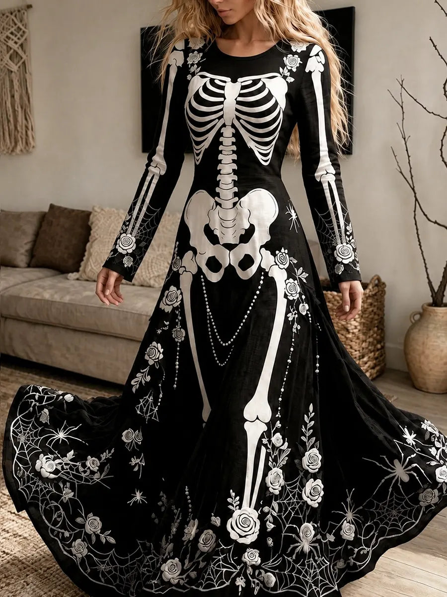 Women's Halloween Crew Neck Long Sleeve Maxi Dress