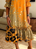 Retro Leopard Shiny Gradient Pattern Art Print Casual Ruffle Stylish Cotton Linen Dress