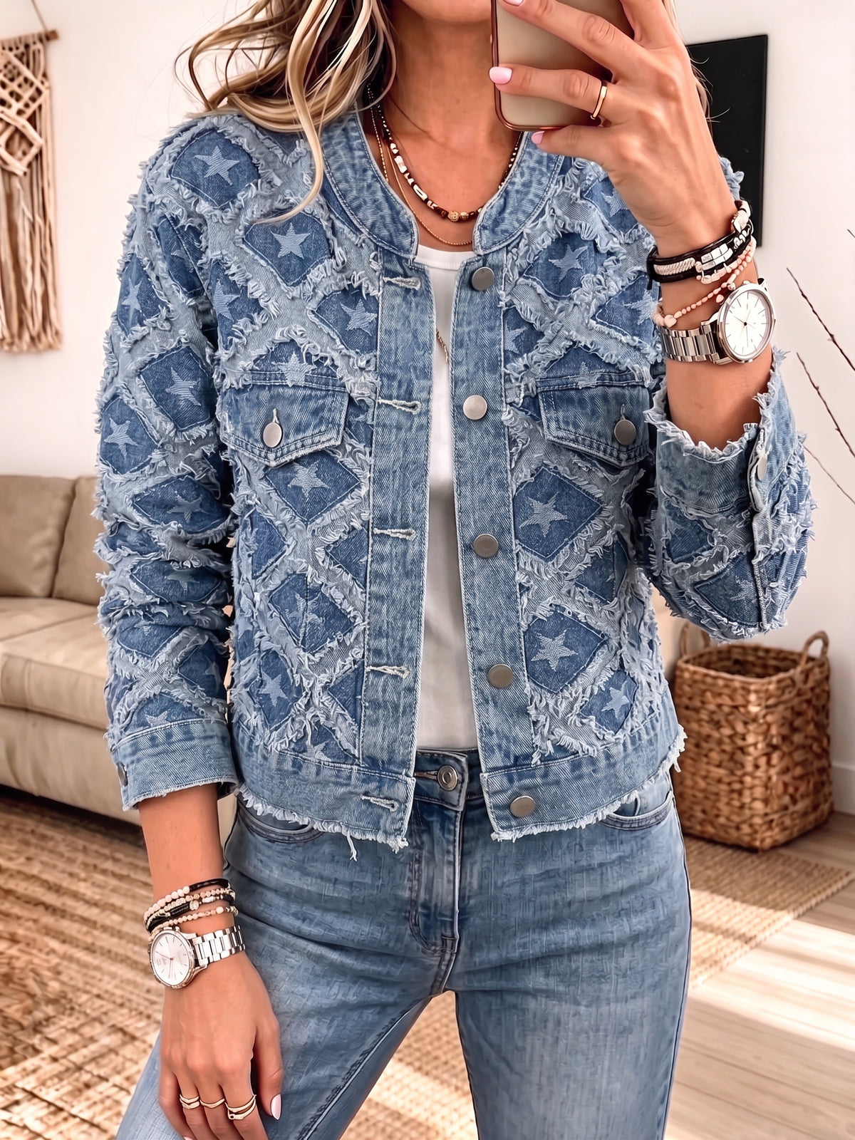 Women Star Patchwork Frayed Denim Jacket, Raw Edge Button‑Down Cropped Jean Outerwear