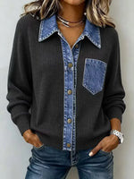 Retro Lapel Art Casual Stylish Denim Patchwork Long Sleeve Knit Top