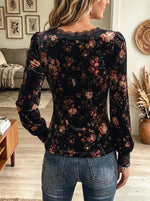 Women's Floral Velvet Lace Trim Tie-Neck Blouse