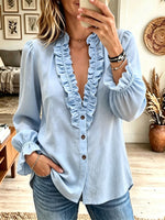 Women's Light Blue Ruffle V Neck Blouse, Button Front Puff Long Sleeve Casual Shirt