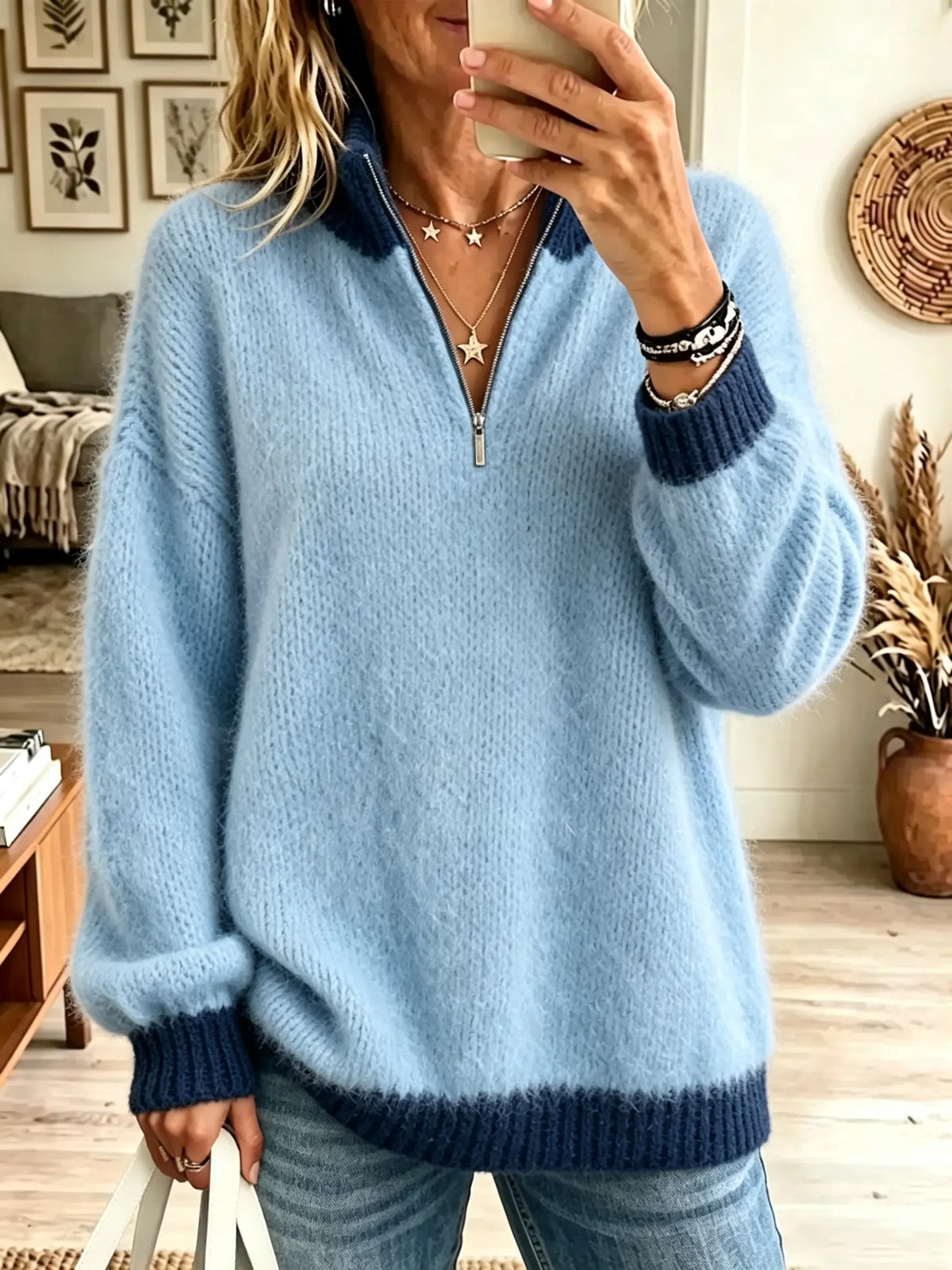 Women's Colorblock Half-Zip Fuzzy Knit Sweater