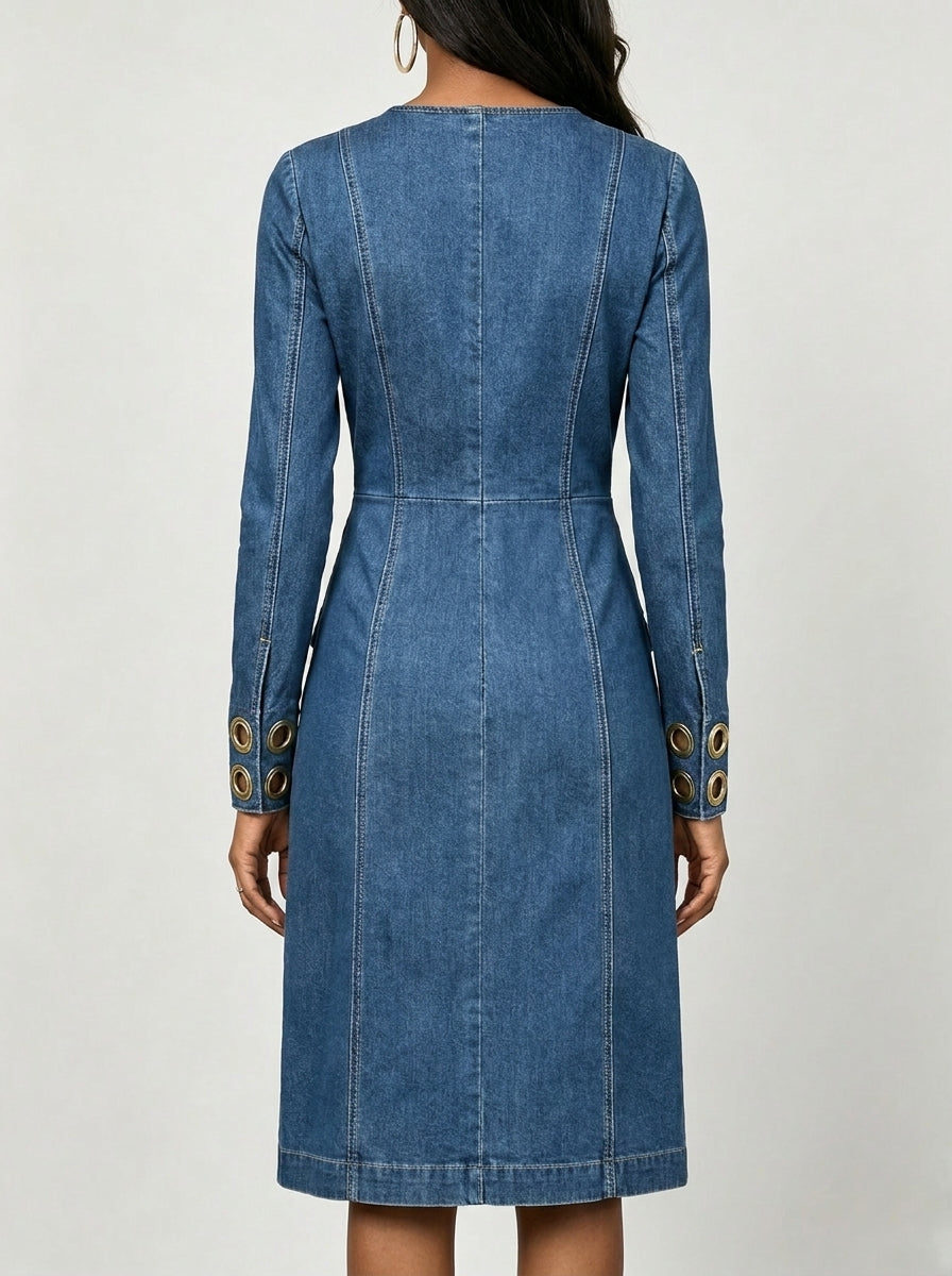 V Neck Wrap Gold Eyelet Decor Long Sleeve Denim Mini Dress