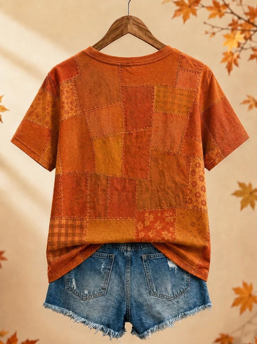 Women's Patchwork Fall Trees Graphic Crewneck T-Shirt