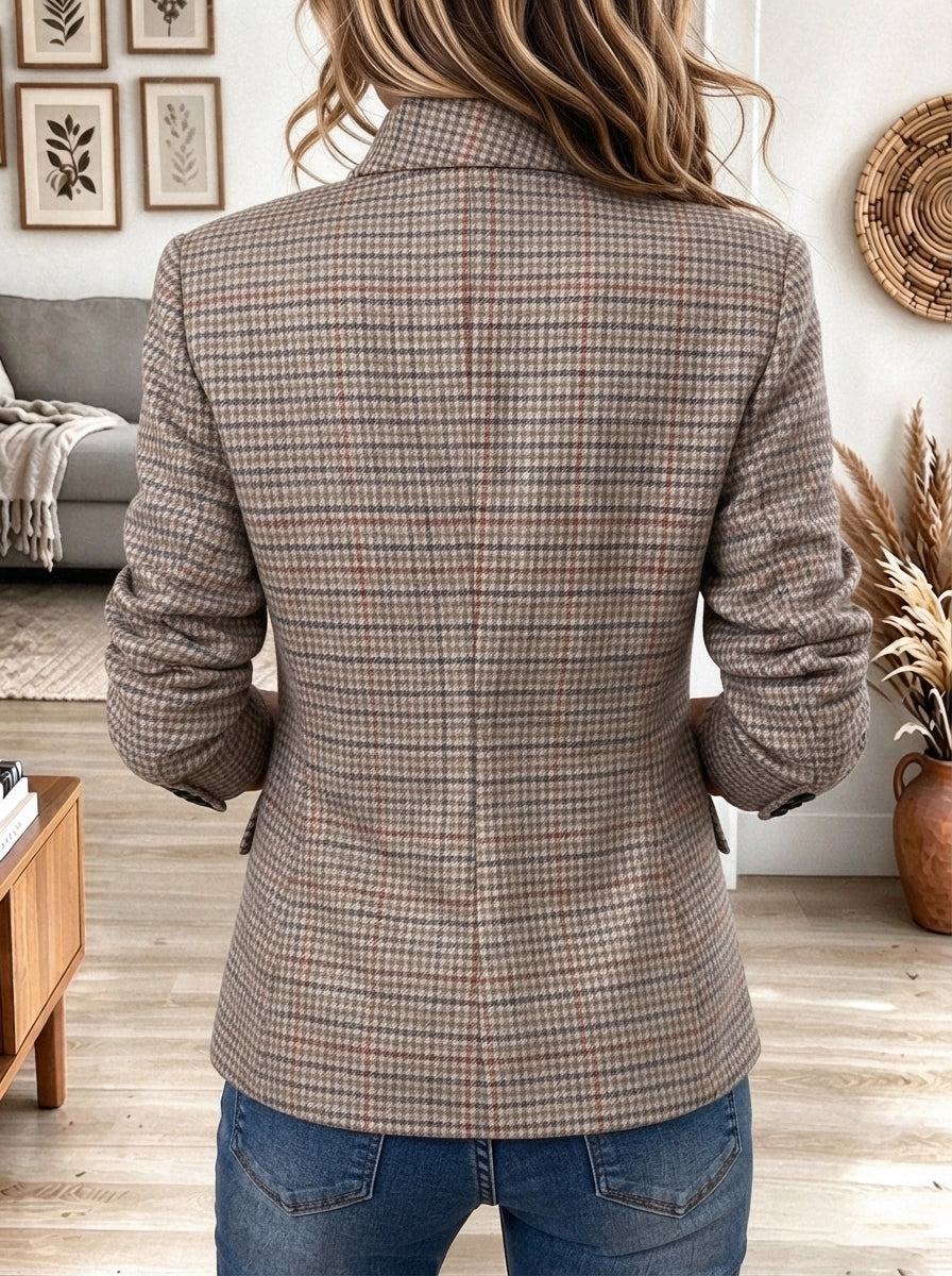 Women's Beige Plaid Asymmetric Winter Jacket with Stand Collar