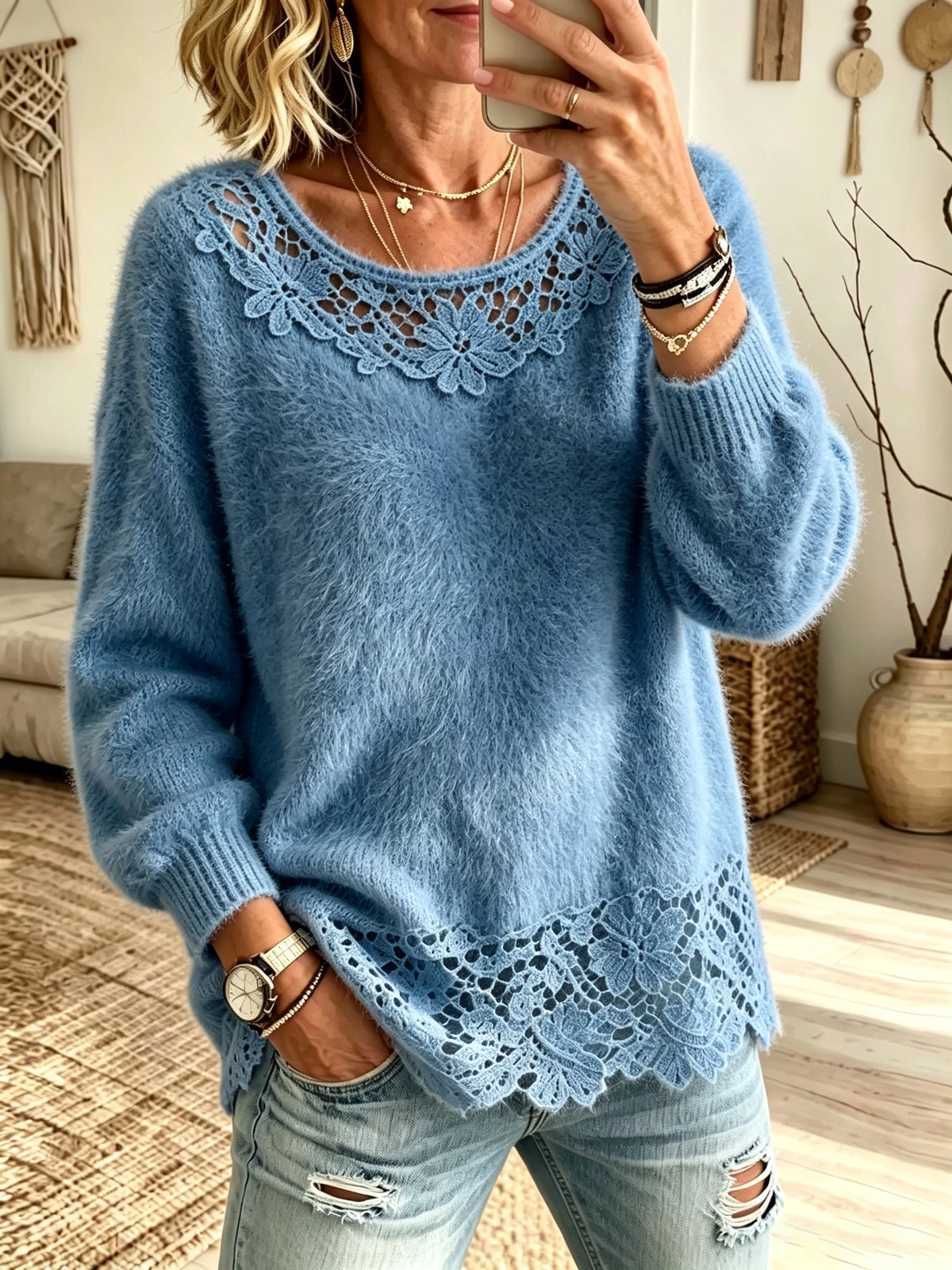 Women's Lace Trim Fuzzy Sweater