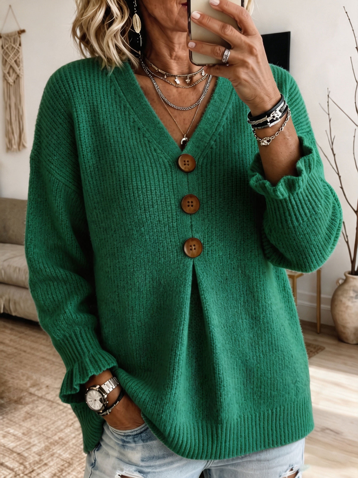 Mustard Yellow V‑Neck Big Button Ruffle Cuff Knit Sweater