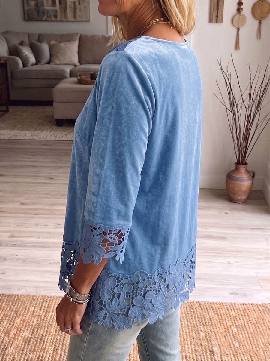 Vintage Elegant Velvet Patchwork Hollowed Out Lace Shirt