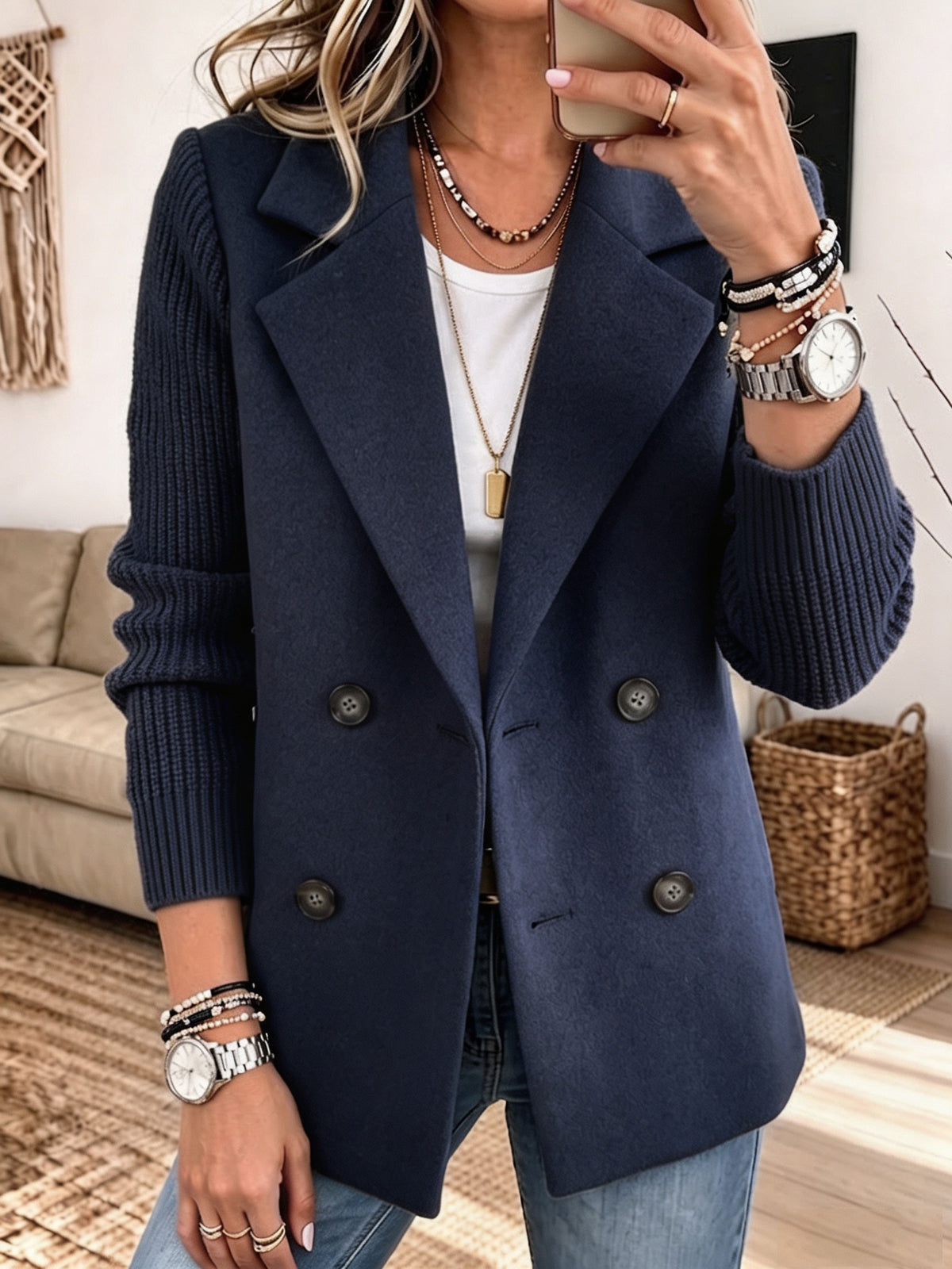 Women Mixed Media Blazer, Knit Sleeve Double‑Breasted Lapel Wool‑Blend Jacket