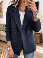 Women Mixed Media Blazer, Knit Sleeve Double‑Breasted Lapel Wool‑Blend Jacket