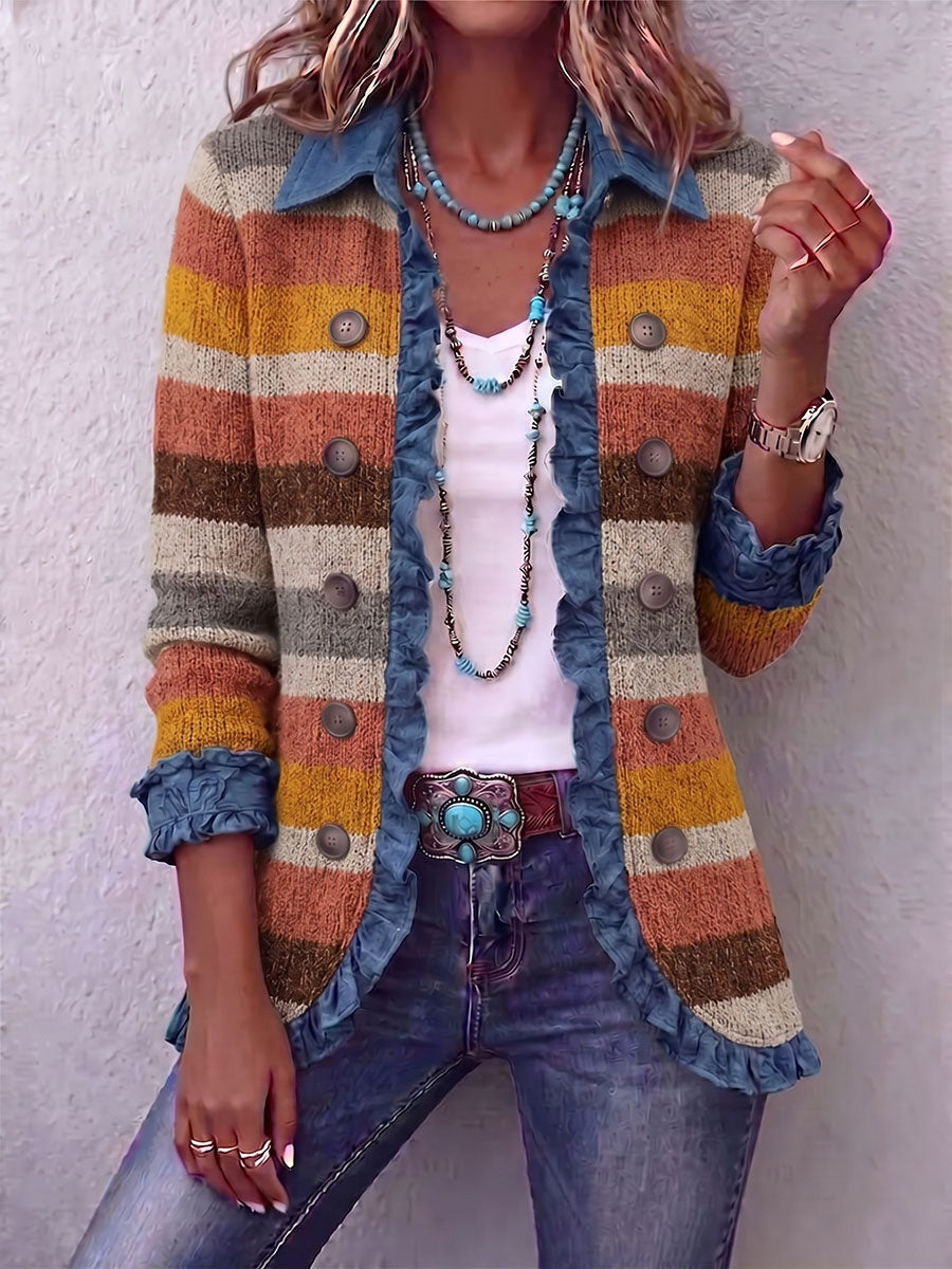 Vintage Elegant Pattern Patchwork Denim Ruffled Jacket