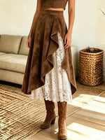 Retro Floral Lace Patchwork Art Casual Suede Stylish Skirt