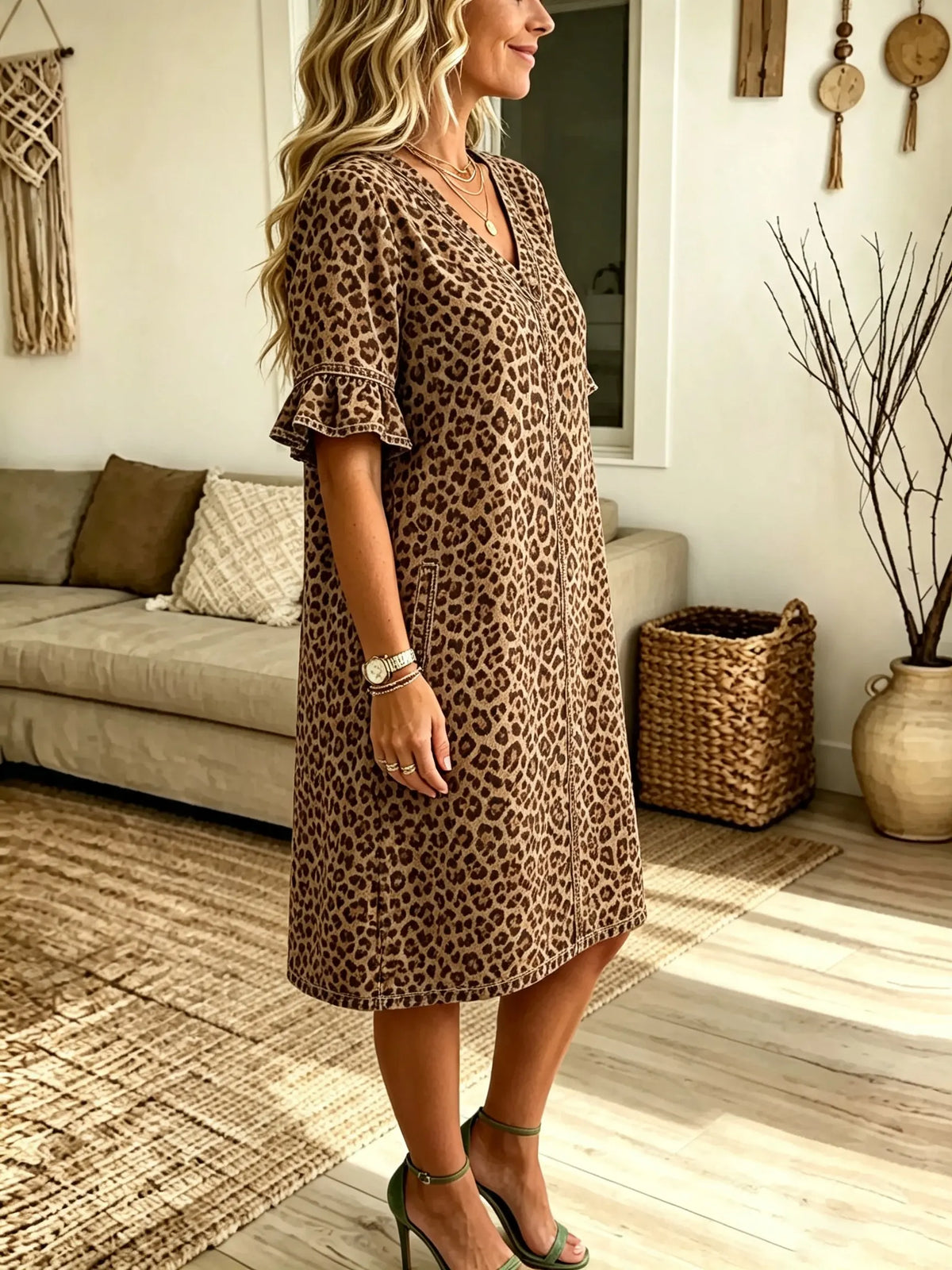 Women's Leopard Print V-Neck Shift Dress
