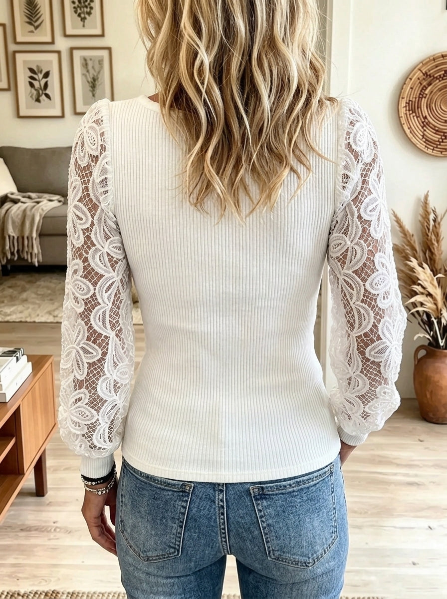 Women's Floral Lace Balloon Sleeve Ribbed Top