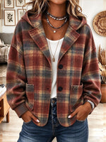 Women's Vintage Plaid Print Hooded Button-Up Oversized Jacket with Pockets