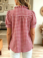 Retro Plaid Pattern Art Ruffle Casual Stylish Short Sleeve Shirt