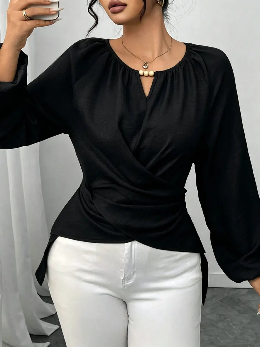 Retro Elegant Solid Color Round Collar Casual Long Sleeve Wrap Stylish Shirt