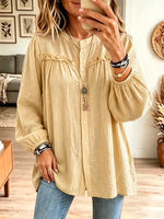 Retro Solid Color Art Casual Ruffle Stylish Long Sleeve Cotton Linen Shirt