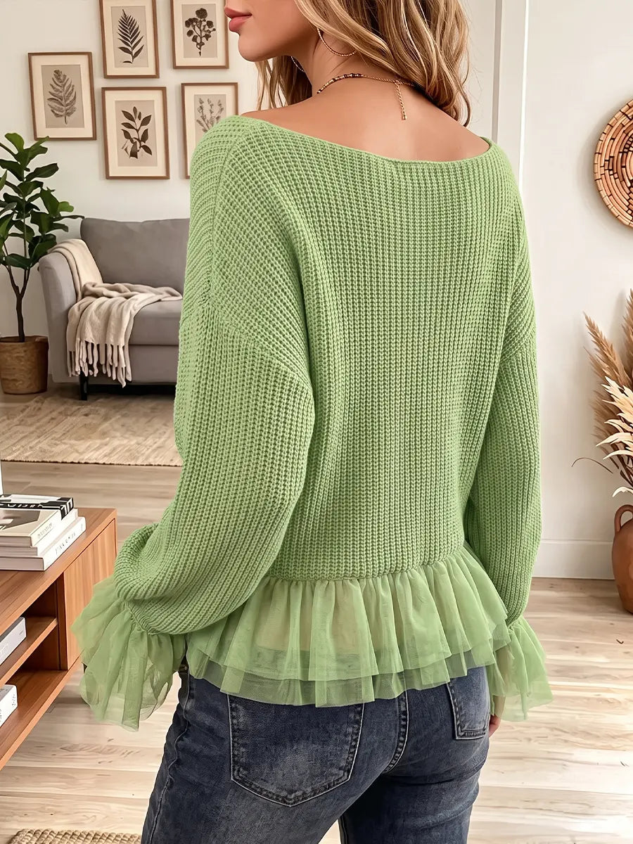Vintage Elegant Knitted Patchwork Ruffled Chiffon Sweater