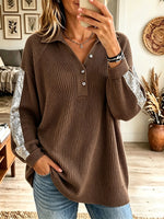 Women's Pink Ribbed Knit Top, Rhinestone Sequin Sleeve Metal Button V Neck Sweater Blouse