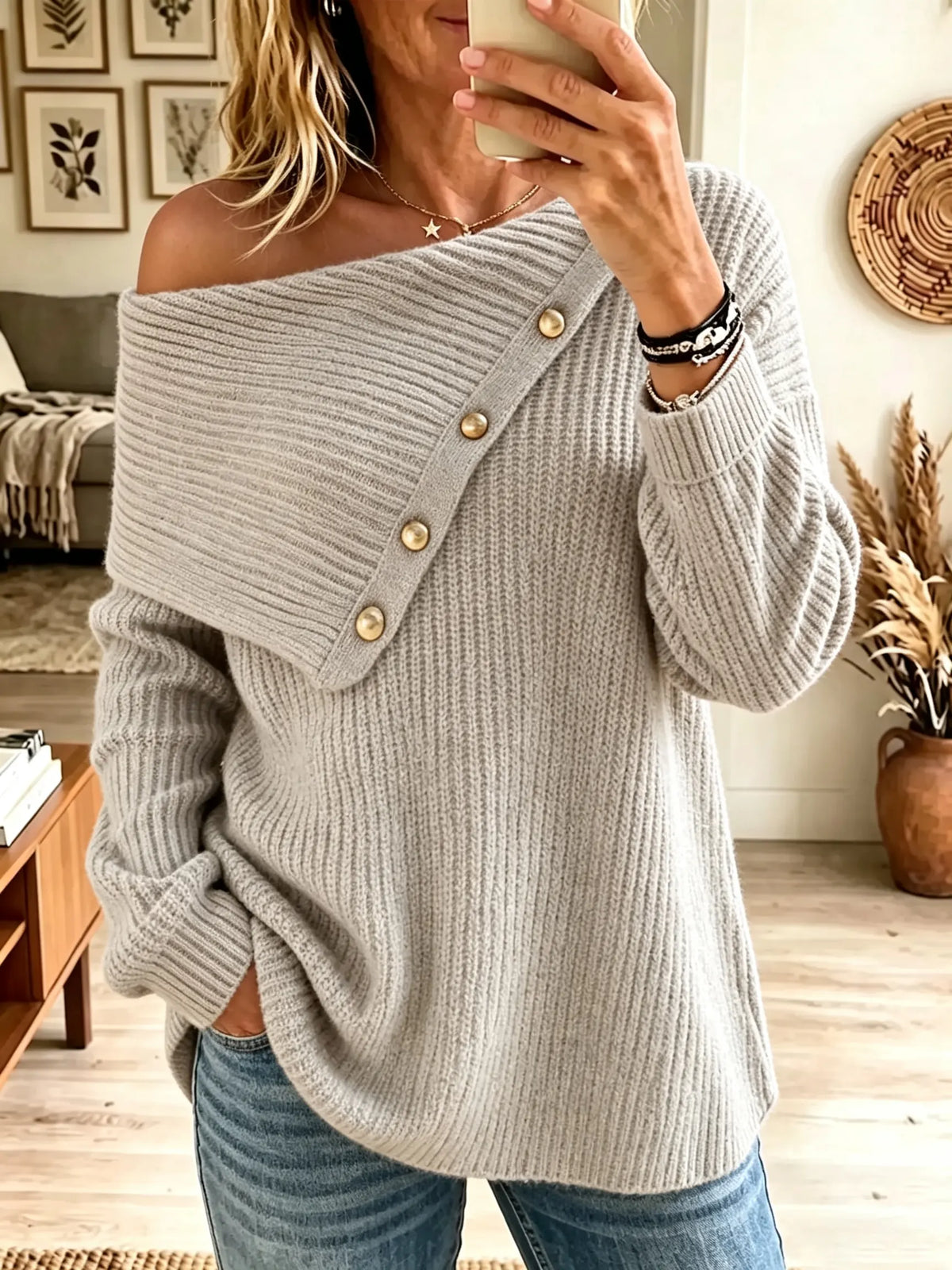 Women's Asymmetrical Button Foldover Collar Sweater