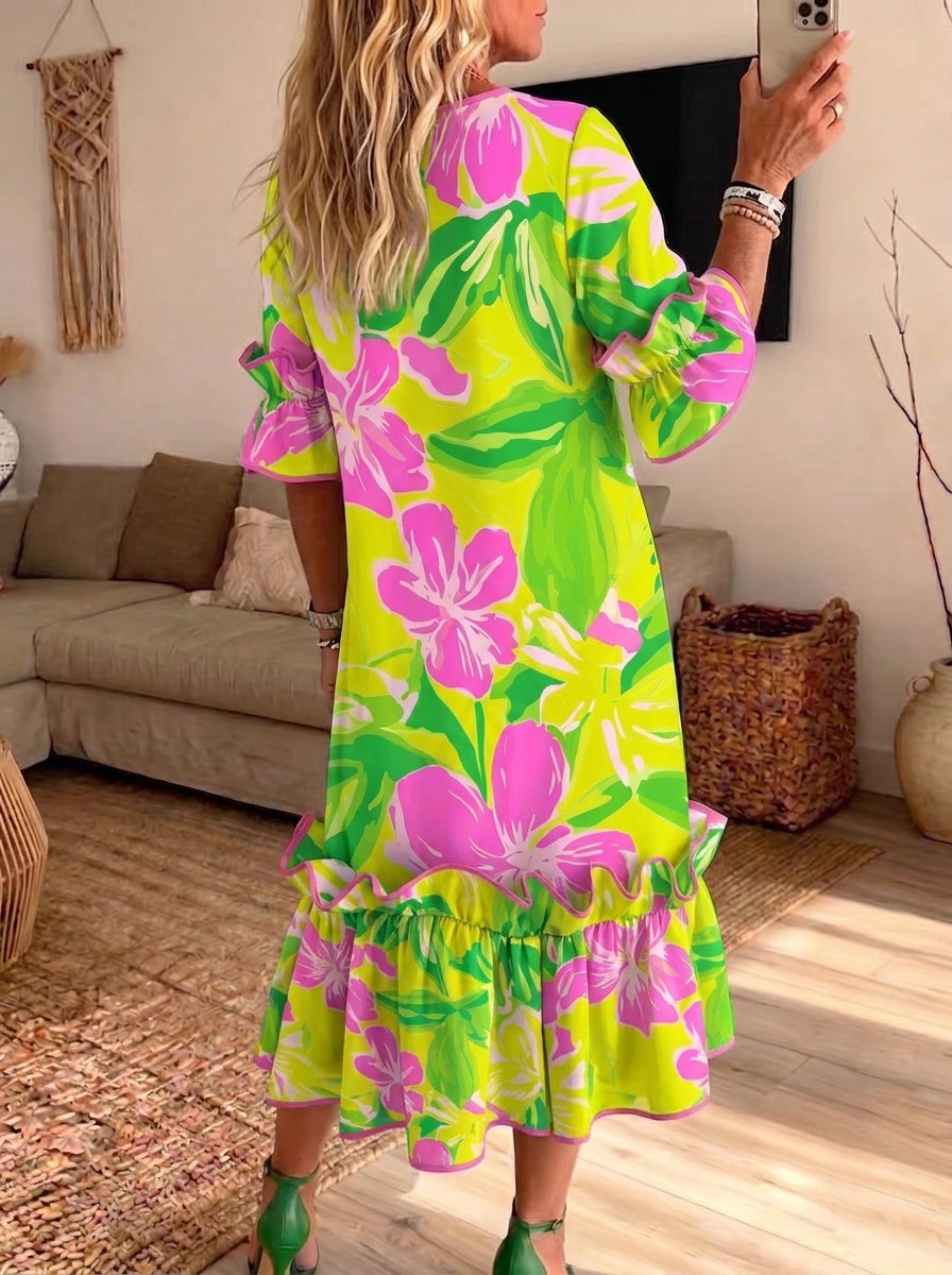 Women Tropical Floral Ruffle Midi Dress Round Neck Flounce Sleeve Loose Casual Dress With Pockets