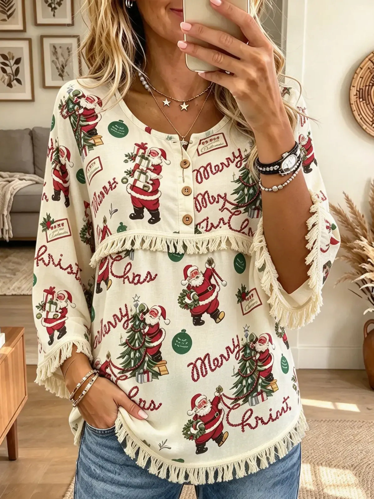 Women's Vintage Santa Print Tassel Fringe Tunic Blouse