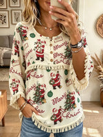 Women's Vintage Santa Print Tassel Fringe Tunic Blouse