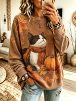 Funny Cat Pumpkin Pattern Art Print Casual Long Sleeve Sweatshirt