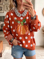 Vintage Elegant Shiny Patchwork Polka Dot Pumpkin Sweater