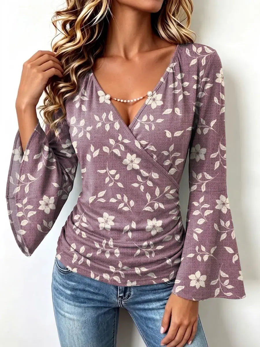 Retro Floral Pattern Art Print Casual Stylish Cotton V Collar Shirt