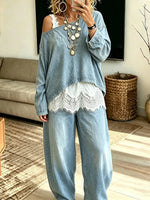 Women's Dropped Shoulder Loose Denim Long-sleeve Top And Jeans Set