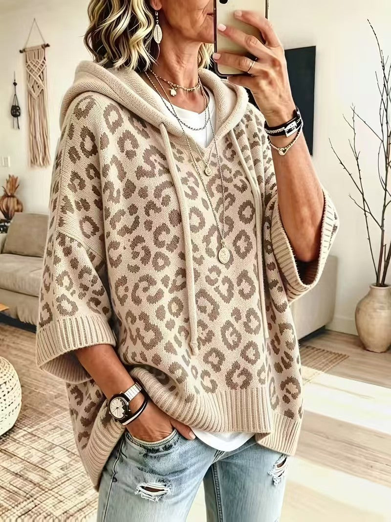 Women Leopard Print Drawstring Hooded Half‑Sleeve Knit Sweater