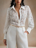 Retro Elegant Floral Lace Hollow Lapel Art Casual Stylish Long Sleeve Shirt
