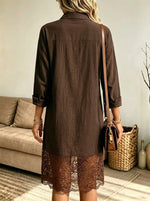 Women's Lace Trim Button-Down Linen Shirt Dress