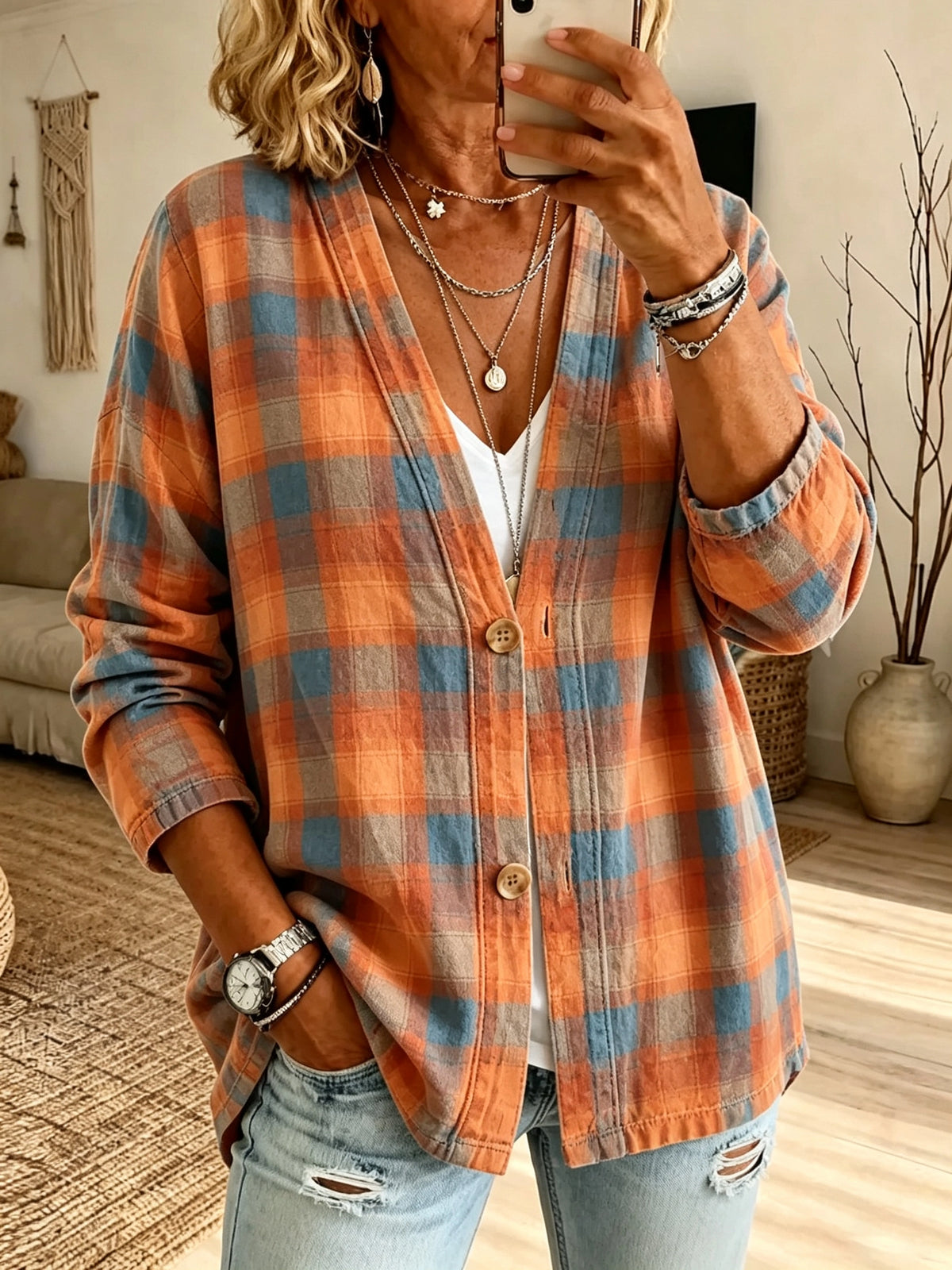 Women's Plaid Button-Front Cardigan Shirt