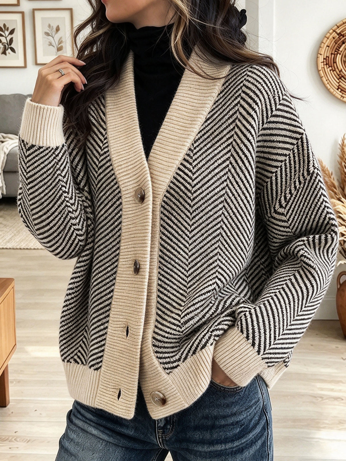 Women's Beige and Black Chevron Pattern Knit Cardigan Sweater V-Neck Button Down